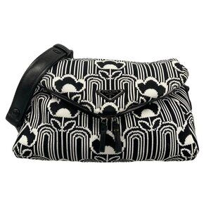 Auth PRADA Signeau 1BC165 Black White Jacquard Leather Shoulder Bag